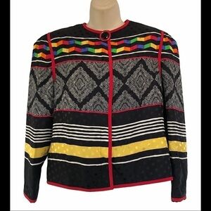 Vtg 80’s Vibrant Silk Geometric Zip Up Bac…